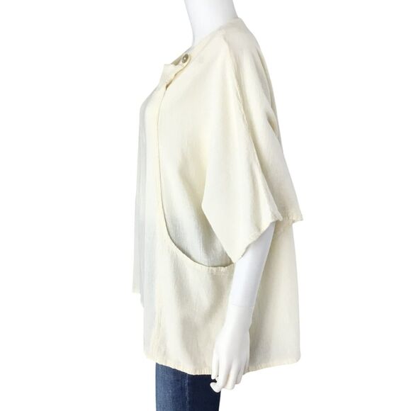 Oh My Gauze! Blouse Top Cream One Size Full Figure Patch Pocket Pearl Button - Picture 6 of 16